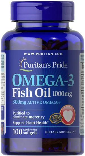 Омега-3 рыбий жир, Omega-3 Fish Oil, Puritan's Pride, 1000 мг, 300 мг активного, 100 капсул