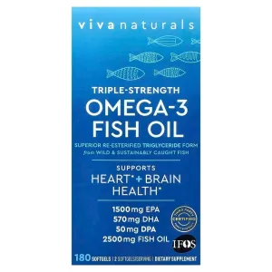 Омега-3, риб'ячий жир, Omega 3 Fish Oil, Viva Naturals, потрійна сила з реетерифікованими жирними кислотами омега-3, включаючи EPA, DHA DPA, 180 гелевих капсул (1250 мг в одній м'якій капсулі)