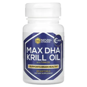 Масло криля, Max DHA Krill Oil, Natural Stacks,  с максимальной концентрацией DHA и маслом тунца, 60 гелевых капсул
