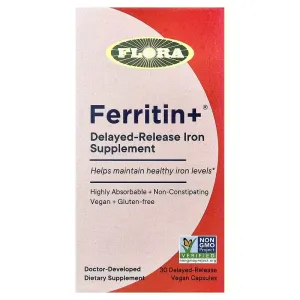 Ферритин плюс, Ferritin+, Flora, ферритиновое железо растительного происхождения, 20 мг, 30 веганских капсул