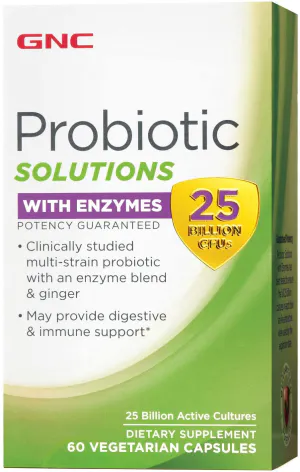 Пробиотики + энзимы, Probiotic Solutions with Enzymes, GNC, 25 млрд. КОЕ, 60 вегетарианских капсул
