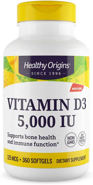 Витамин Д3, Vitamin D3, Healthy Origins, 5000 МЕ, 360 капсул