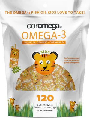 Омега-3 + витамин D3 для детей со вкусом апельсина, Omega3, Coromega, 650 мг, 30 разовых пакетов по 2,5 г