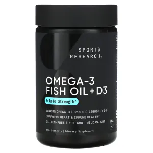 Омега-3, рыбий жир с витамином Д3, Omega-3 Fish Oil + D3, Sports Research, тройная сила, 1040 мг и 62,5 мкг (2500 МЕ), 120 гелевых капсул
