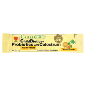 Пробиотики и молозиво, 5 млрд КОЕ, для детей, Probiotics with Colostrum Powder Packets, ChildLife Essentials, ChildBiotics, вкус тропического апельсина, 30 пакетов по 2 г каждый