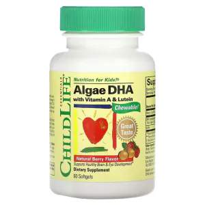 ДГК из водорослей, витамин А и лютеин, для детей, Algae DHA with Vitamin A & Lutein, ChildLife Essentials, натуральный вкус ягод, 60 жевательных таблеток