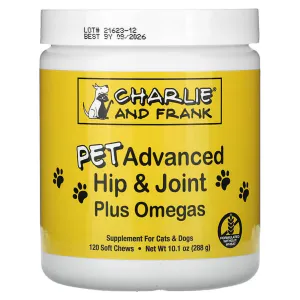 Здоровые суставы плюс Омега, для кошек и собак, Pet Advanced Hip & Joint Plus Omegas, For Cats & Dogs, Charlie & Frank,  120 мягких жевательных таблеток, 288 г