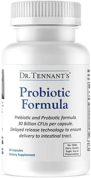 Пробиотики и пребиотики, Probiotic Formula with Prebiotics, Dr. Tennant's, мульти-штаммы, веган, 30 млрд КОЕ, 30 кислотоустойчивых капсул с замедленным высвобождением