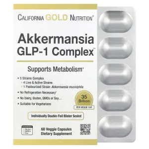 Пробіотики, підтримка метаболізму, Akkermansia GLP-1 Complex, California Gold Nutrition, 30 мільярдів КУО, 60 рослинних капсул