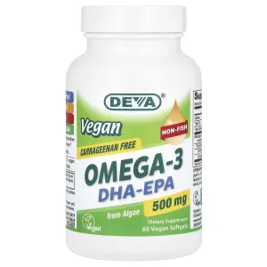 Омега-3, DHA та EPA, Vegan Omega-3, Deva, веганська, 500 мг, 60 гелевих капсул