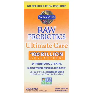 Пробиотики для восстановления микрофлоры, Raw Probiotics Ultimate Care, Garden of Life, 30 кап.