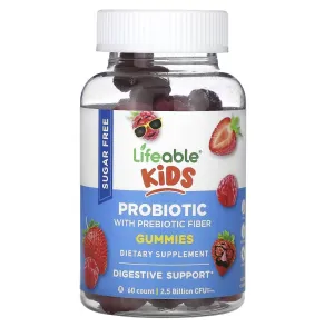 Пробіотик з пребіотичними волокнами, для дітей, без цукру, Kids Probiotic with Probiotic, Lifeable, 2,5 млрд КУО, з ягідним смаком, 60 жувальних цукерок